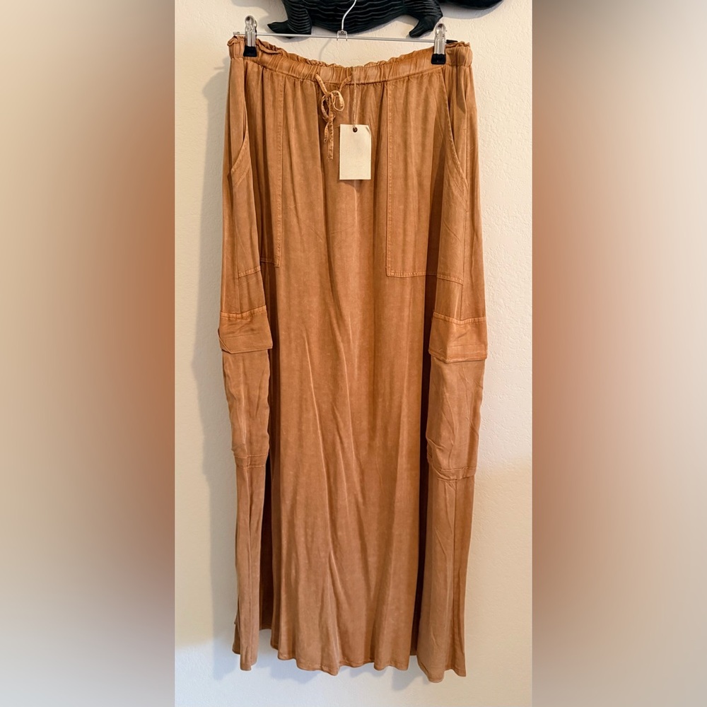 Three Bird Nest Casual Drawstring Maxi Skirt in a Burnt Orange Color, Large